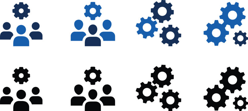Illustration of groups and gears in blue and black, symbolizing teamwork and mechanisms.