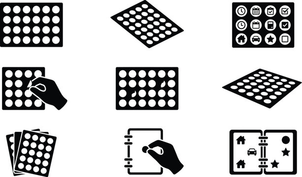 Set von schwarzen Piktogrammen f&uuml;r Planung und Organisation mit Punktaufklebern und Symbolen.