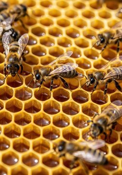 Macro close up of busy honeybees crawling and working diligently on a vibrant golden honeycomb frame filled with hexagonal cells and natural sweet honey, hexagonal, golden, brown</blockquote>