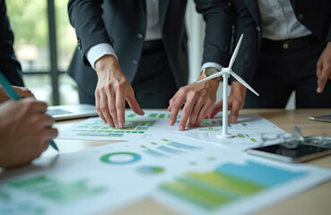 Fototapeta premium Business people examine charts and graphs related to sustainability and green energy. Tiny wind turbine model sits on table near reports. Team discusses eco strategy.