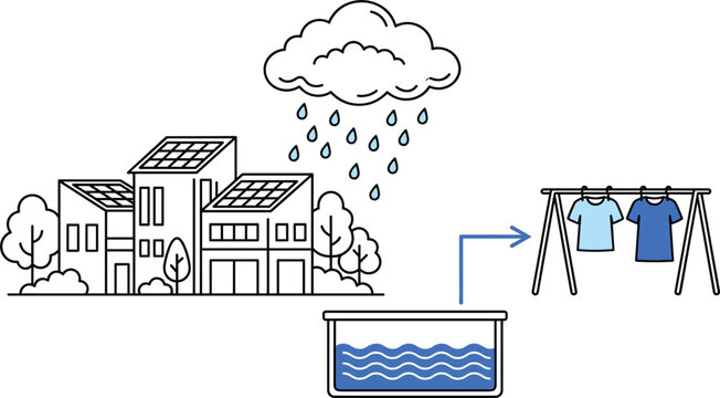 Rainwater harvesting system diagram with rooftop collection, storage tank and clothes drying process in eco friendly vector illustration
