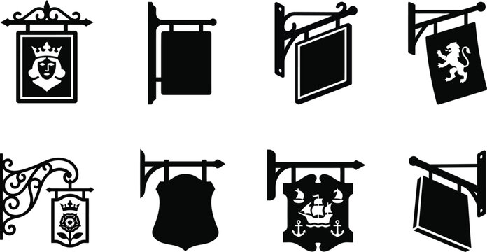 Sammlung von acht verschiedenen Aush&auml;ngeschildern als schwarze Silhouetten auf wei&szlig;em Hintergrund.