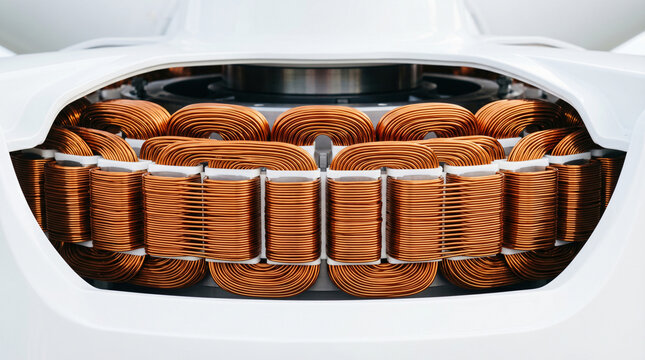 Detailed Close-Up of Copper Coils in Modern Electric Motor Technology