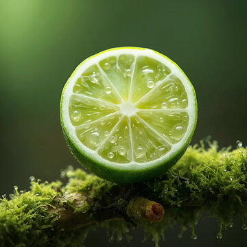 Fresh Green Lime Slice with Water Drops on Mossy Branch &ndash; Macro Citrus Photography