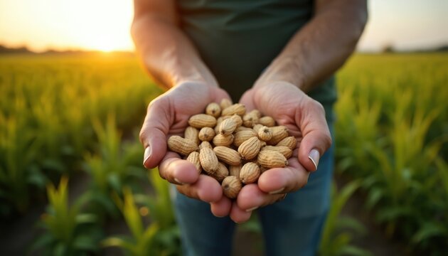 Farmer holds fresh peanuts in hands at sunset golden hour. Man stands in green peanut field ready for harvest. Agriculture concept with natural healthy food.