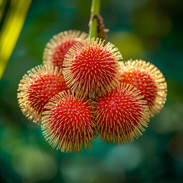 Ripe Rambutan Fruit Cluster on Branch &ndash; Fresh Hairy Exotic Tropical Produce.