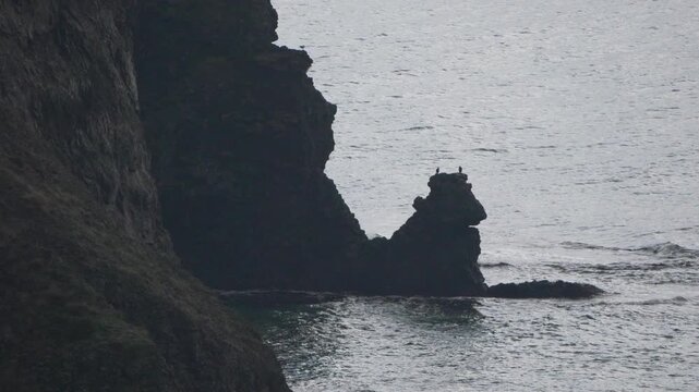Sea stack, ocean waves, stormy coast silhouette on a dark Atlantic cliff edge during moody, overcast weather.
