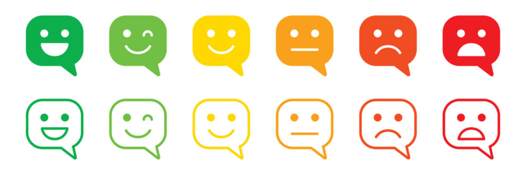Customer feedback rating scale with square speech bubbles, colorful emotion faces, and happy to sad expressions for user review solid and line icon set