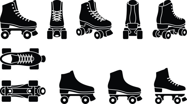 Satz schwarzer Rollschuh-Silhouetten, die aus verschiedenen Winkeln und Perspektiven dargestellt sind.