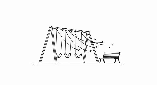 Minimalist drawing of an empty swing set with a lone bench