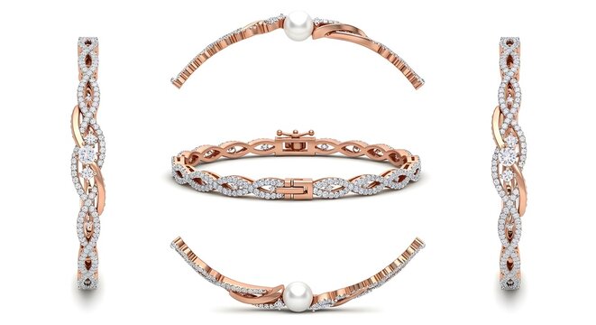 A beautiful rose gold and diamond bracelet is isolated on a white background