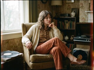 Fototapeta premium 1970s Retro Fashion Portrait in Cozy Vintage Living Room. Retro fashion, and analog culture concept.