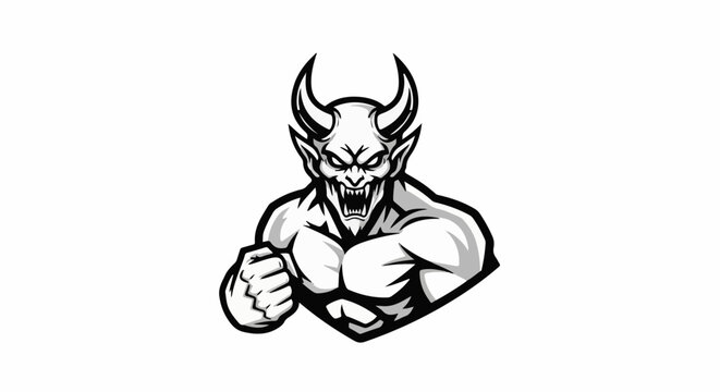 Muscular demon with sharp horns, bared teeth, and clenched fist