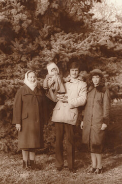 Soviet family outdoors portrait parents child park autumn vintage lifestyle.1983