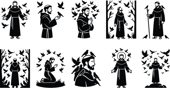 Sammlung von Ikonen des Heiligen Franz von Assisi, der in verschiedenen Posen mit V&ouml;geln interagiert.