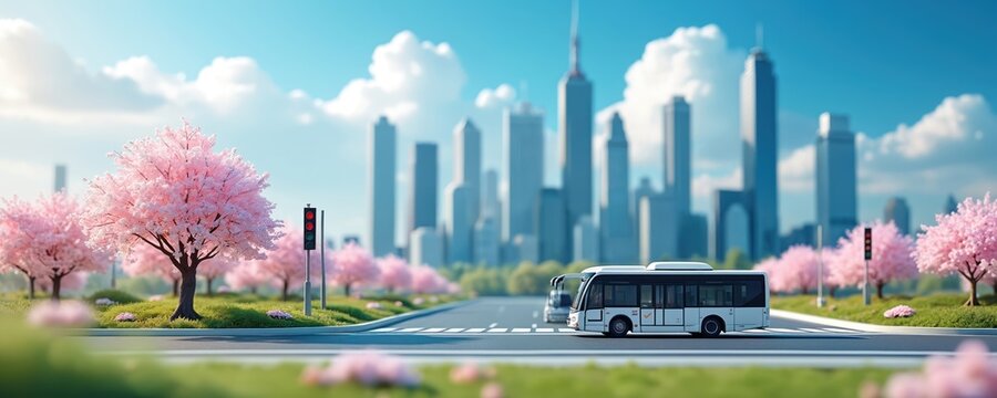 Bus moves along road near city skyscrapers and blooming cherry trees. Urban landscape with flowers and green grass under blue sky. Spring season transport scene.