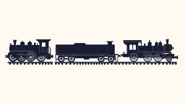 Silhouettes of three antique trains traveling on parallel tracks, on a neutral background