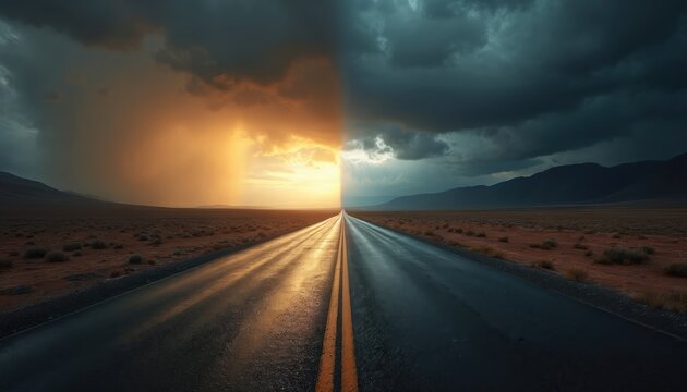 A lonely road splits into two paths under a dramatic sky. One side shows bright sunlit rain, the other dark storm clouds. This symbolizes life choices, uncertainty and contrasting futures.