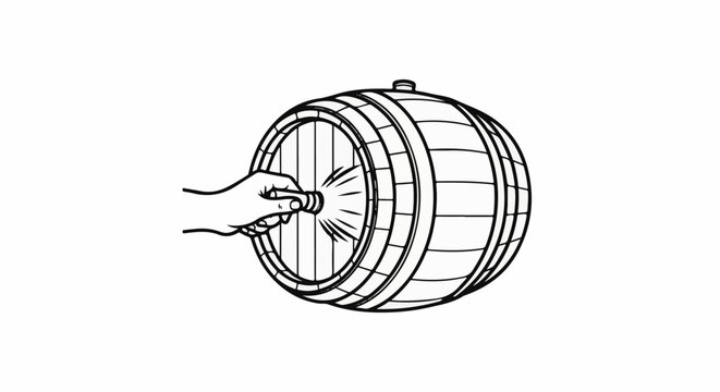 A hand taps a small spigot on a wooden barrel, causing liquid to spray outward