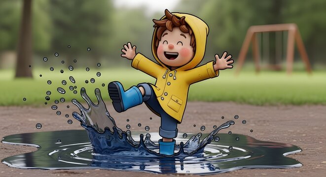 Cheerful cartoon boy in a yellow raincoat and blue boots jumps happily in a puddle, splashing water everywhere with joyful laughter.