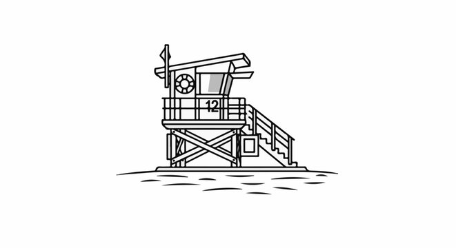 Stylized line art lifeguard tower with number 12 and lifebuoy on beach