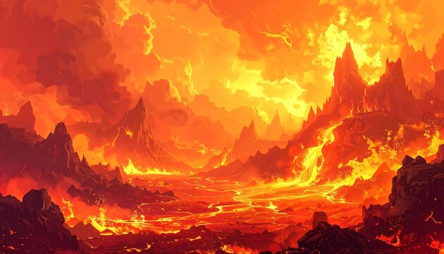 Fiery landscape with molten lava river cutting through rocky terrain under a bright orange sky filled with clouds