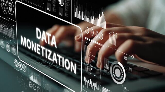 Hands Typing on Keyboard Surrounded by Data Monetization Graphics and Analytics in a Digital Environment. Asymptotic smart data analytic.