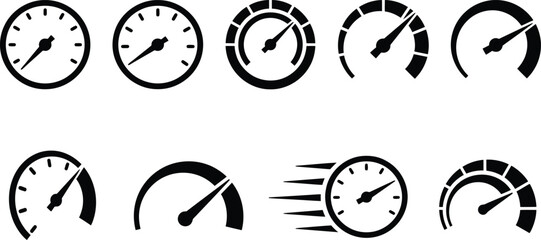 Naklejka premium Sammlung von Tachometer- und Messgeräte-Symbolen in Schwarz-Weiß, die Geschwindigkeit und Leistung anzeigen.