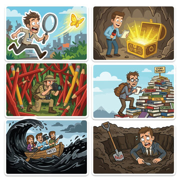 Collection Of 6 Exaggerated Cartoon Stickers Flat Vector Art Highlighting World Press Freedom Day Showcasing Chasing The Truth Impossible Quests Colorful Clean Blank White Backgrounds