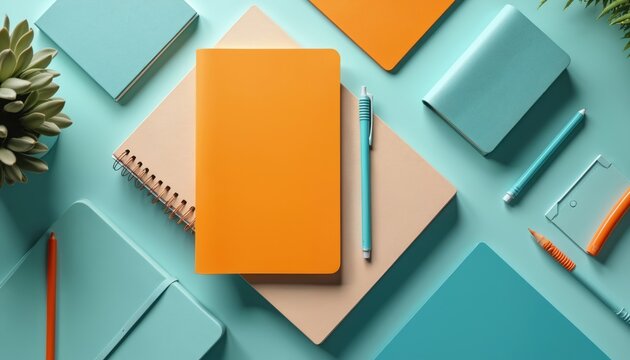 Flat lay of colorful stationery and notebooks on pastel background. Organize work, plan projects, brainstorm ideas with pens and planners. Creative office supplies for design.