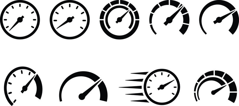 Sammlung von Tachometer- und Messger&auml;te-Symbolen in Schwarz-Wei&szlig;, die Geschwindigkeit und Leistung anzeigen.