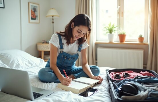 Young woman sits on bed, writing in notebook, packing suitcase for travel. Laptop, phone nearby. Cozy bedroom setting, planning summer vacation with clothes, headphones in luggage. Ready for