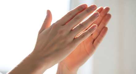 Fototapeta premium Close-up of a person's hands clapping together, illuminated by soft light.