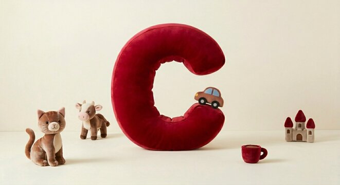 Soft Educational Alphabet Series: Red Velvet Letter C with Plush Cat, Cow, Car, Cup, and Castle Toys