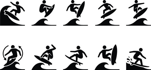 Sammlung von Piktogrammen und Symbolen, die Surfer bei verschiedenen Tricks auf Wellen zeigen. © Insa Batool