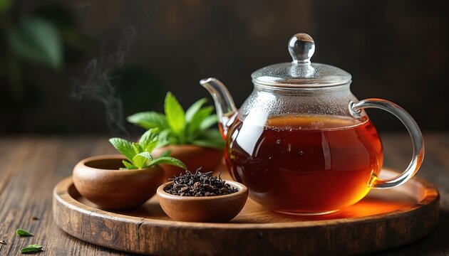Glass teapot with hot tea sits on wooden tray. Small bowls hold dry tea leaves and fresh mint. Steam rises, creating cozy atmosphere for warm beverage.