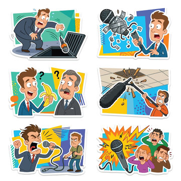 Collection Of 6 Exaggerated Cartoon Stickers Flat Vector Art Highlighting World Press Freedom Day Showcasing Classic Microphone Dropping Blunders Colorful Clean Blank White Backgrounds