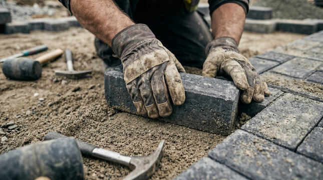 Close-up of hands of male worker installing concrete paving stones on sand base at construction site, professional sidewalk installation and landscape design process