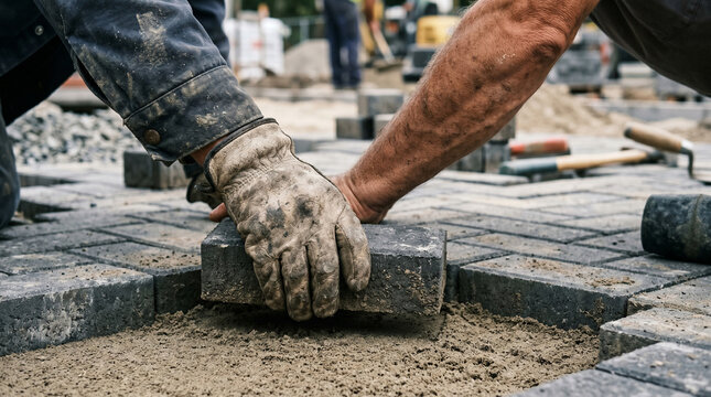 Close-up of hands of male worker installing concrete paving stones on sand base at construction site, professional sidewalk installation and landscape design process