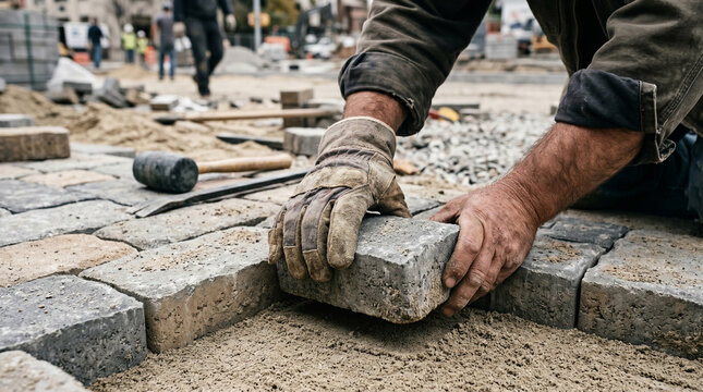 Close-up of hands of male worker installing concrete paving stones on sand base at construction site, professional sidewalk installation and landscape design process