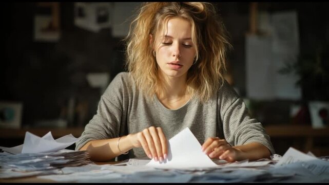 Focused Analysis: A woman engrossed in detailed paper examination, conveying intense focus and concentration amid a cluttered workspace.