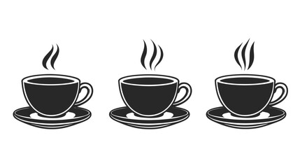 Obraz premium Three steaming cups of beverage sit on saucers, black silhouettes on a white backdrop
