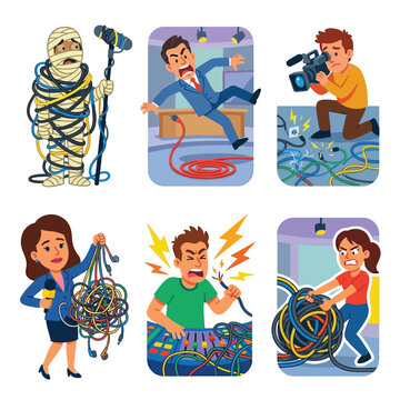 Collection Of 6 Exaggerated Cartoon Stickers Flat Vector Art Highlighting World Press Freedom Day Showcasing Tangled Wires And Cable Mishaps Art Colorful Clean Blank White Backgrounds