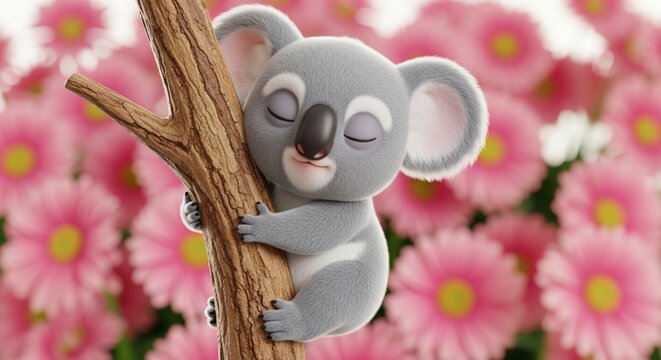 Koala in tree with pink garbera's background