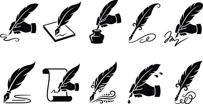 Vintage feather quill pen writing icons set. Features hands holding quills, inkwells, and scrolls for signing documents. Black and white vector illustration for historical themes and literature.