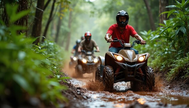 Men ride ATVs on muddy jungle path. Riders splash water through dense forest. Friends enjoy offroad adventure and extreme sport on wet terrain.