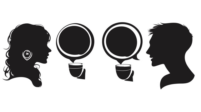 Silhouettes of two people with conversation bubbles and coffee cups, side view