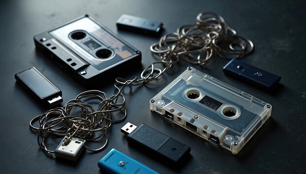Old audio cassettes and modern usb drives sit on dark surface. Wires connect some devices. Media storage comparison shows tech evolution. Information devices.