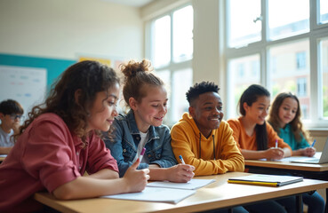 Obraz premium Diverse group of teens collaborate on school project at desks in bright classroom. Students study together, learning, discussing, smiling, interacting during lesson. Youthful energy