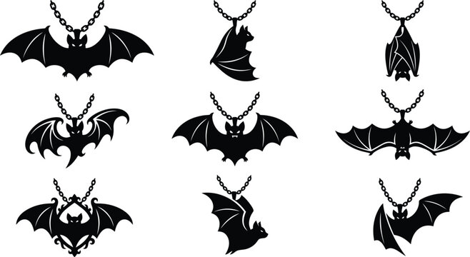 Neun schwarze Fledermaus-Anh&auml;nger-Silhouetten in verschiedenen Posen, h&auml;ngend an Ketten, auf wei&szlig;em Hintergrund.